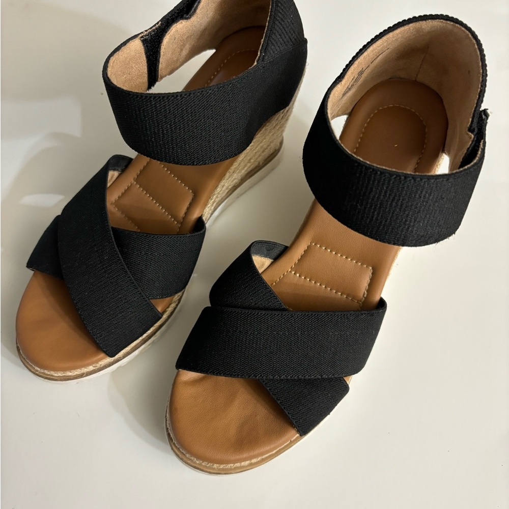 Kelly & Katie Black Crisscross Wedge Sandals - Women's Comfortable Espadrille 8M